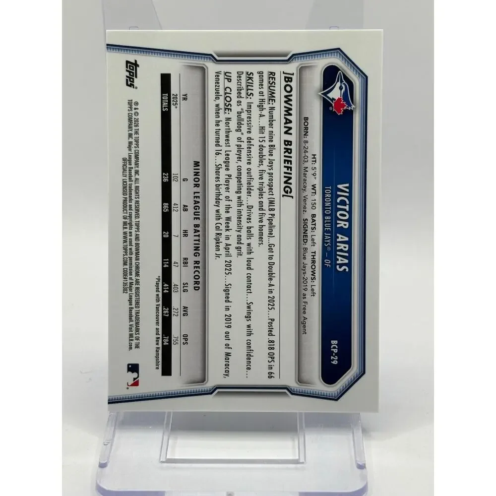 2026 Bowman Sapphire Victor Arias Chrome 1st Prospect Toronto Blue Jays